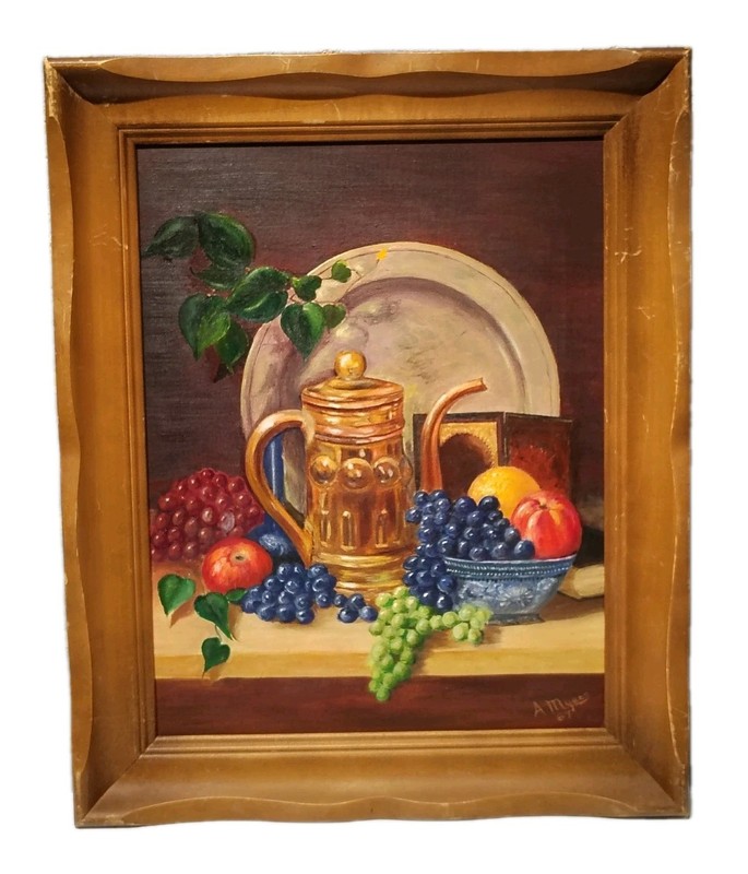 VTG Framed Original Oil Still Life Fruit Bowl Table Copper Pot Grapes Signed 21″
