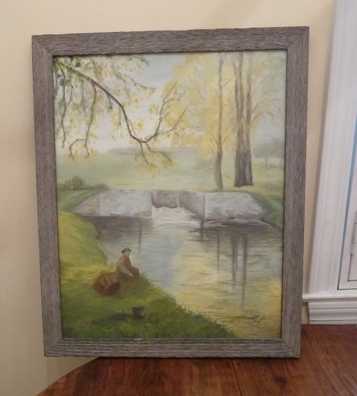 Painting of Boy Fishing near River Sluice Dam 18 X 22″ Distressed Wood Frame