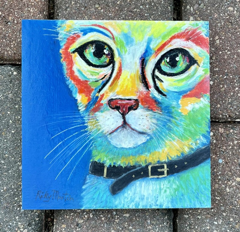 Abstract Cat Portrait Original Oil Pastel 8 X 8 x 1/2 Inch RICKY MARTIN EBSQ