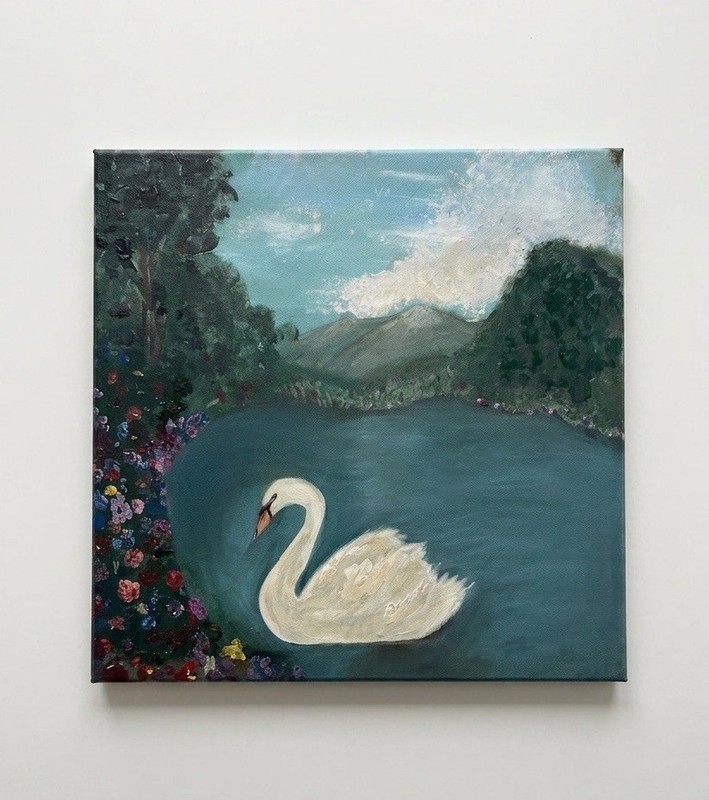 Original acrylic Impressionist Canvas Painting – Swan Lake Landscape, Unframed gallery