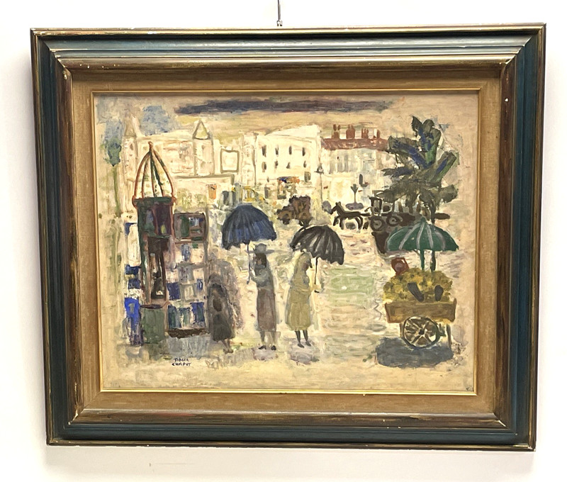 Roger Chaput Signed Oil Painting Paris Street Market Rain French Listed Artist