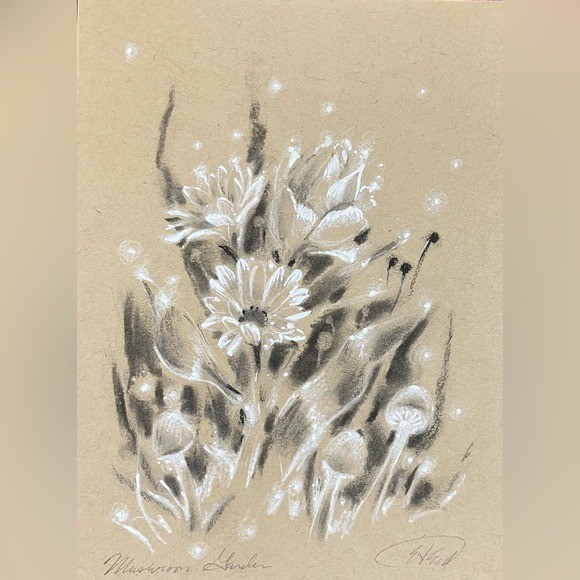 Mushrooms Original painting Garden Art Charcoal pastel floral flowers Artettina