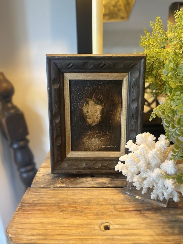 Brutalist Painting Blue Eyed Brunette Woman Gazing Signed - One Of A Kind gallery