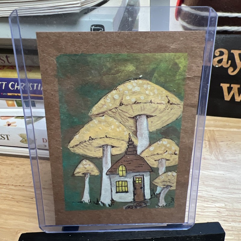 ACEO Art Card 2.5×3.5 In Mushroom Village Watercolor Gouache Recycled Kraft ooak