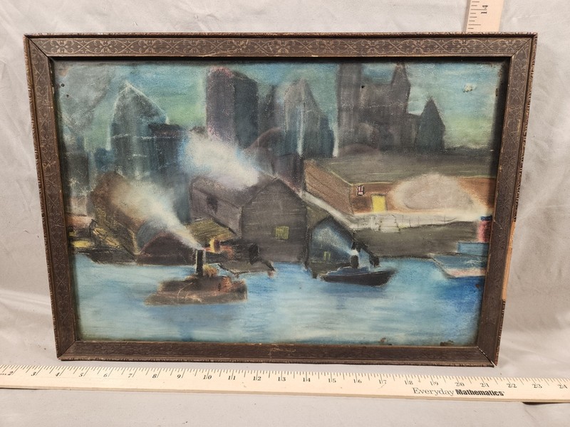 Vintage Charcoal On Paper Painting City Landscape Ship Boat Pier Signed
