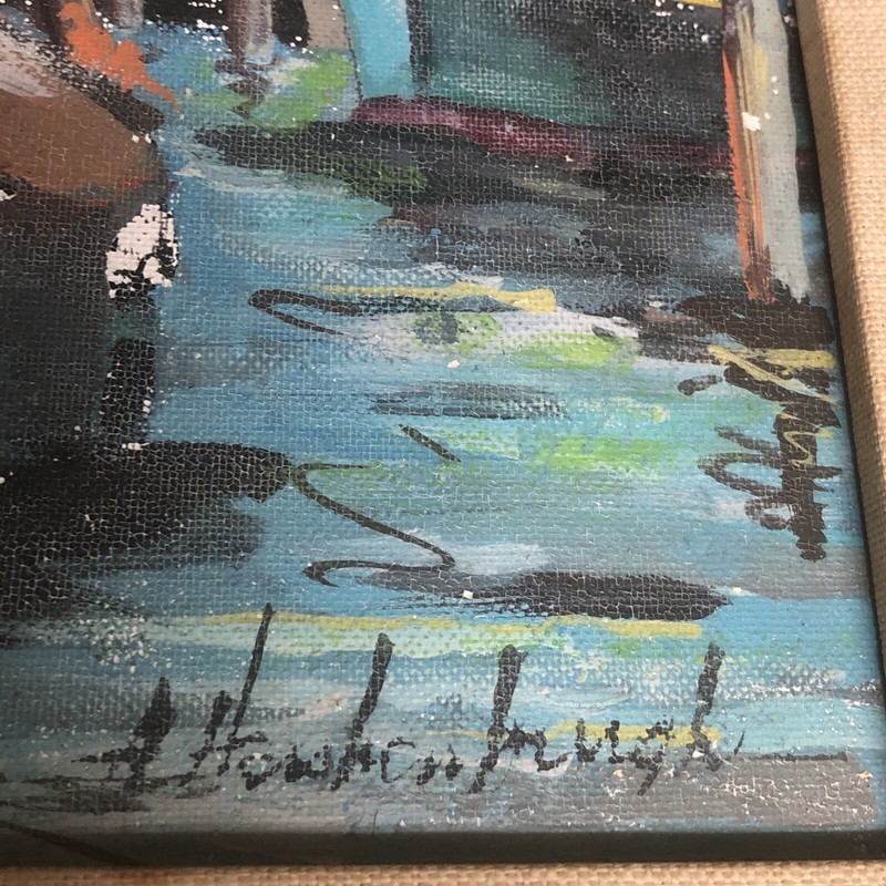 Oil Painting Vintage 1940s Harbor scene Boats Signed HUGH Ocana Nautical Art gallery