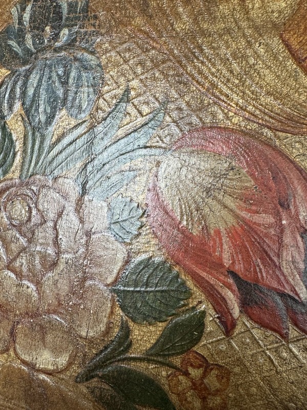 Extremely Rare 18th Century Spanish Painted Leather Panel with Gilt Decoration gallery