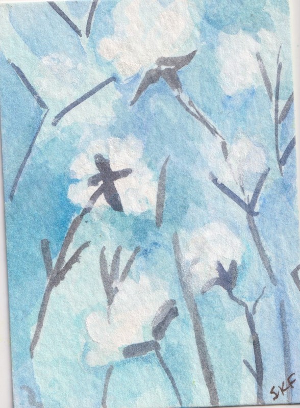 ACEO Original Cotton Bolls in Field Watercolor Painting Signed Free Shipping