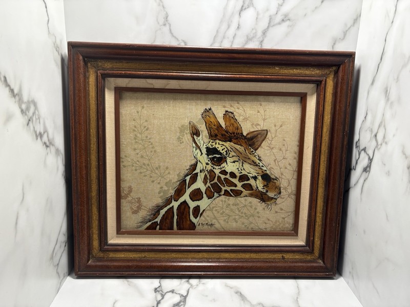 Vintage Reverse Glass 3D Painting Giraffe Signed 1981 Framed