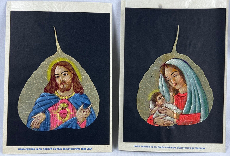 Set of 2 Religious Sacred Heart Mother and Child Oil Painting on Pipal Tree Leaf