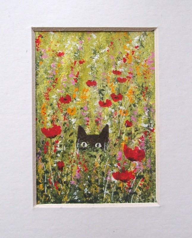 ACEO ORIGINAL HAND PAINTED SIGNED # CAT IN POPPIES # LANDSCAPE PAINTING