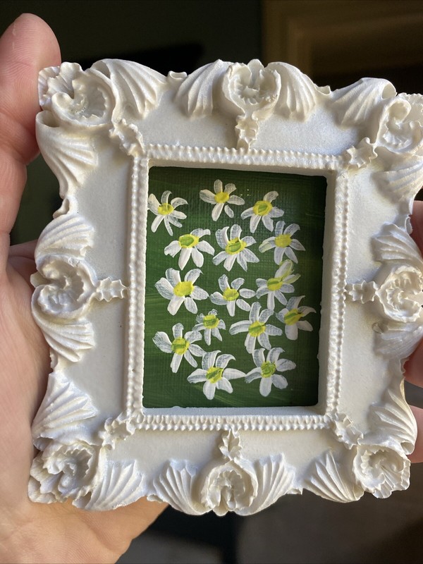 Flowers,daisy,Original Painting On Paper,3/3,5 framed,gold,miniature,small,mini