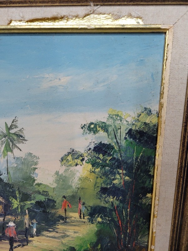 Vintage Hieu Oil Painting Tropical Asian Village 20” x 16.5” Dent On Canvas gallery