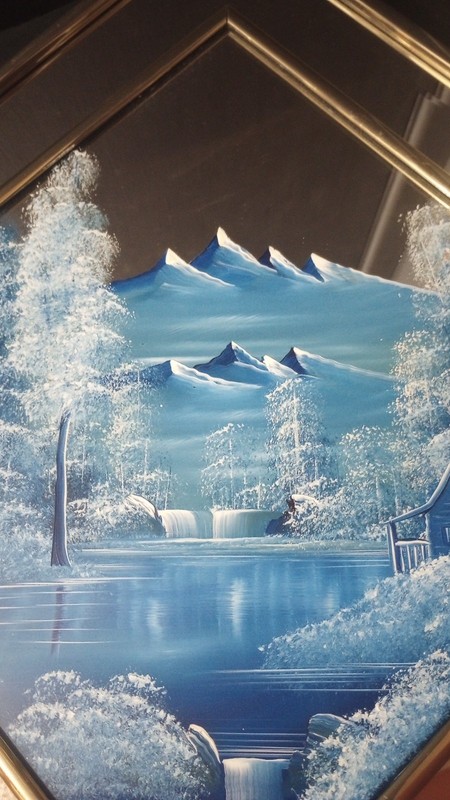 Vintage, W. Clemons, Hand Painted, Winter Lake Cabin, Acrylic Painting on Mirror gallery