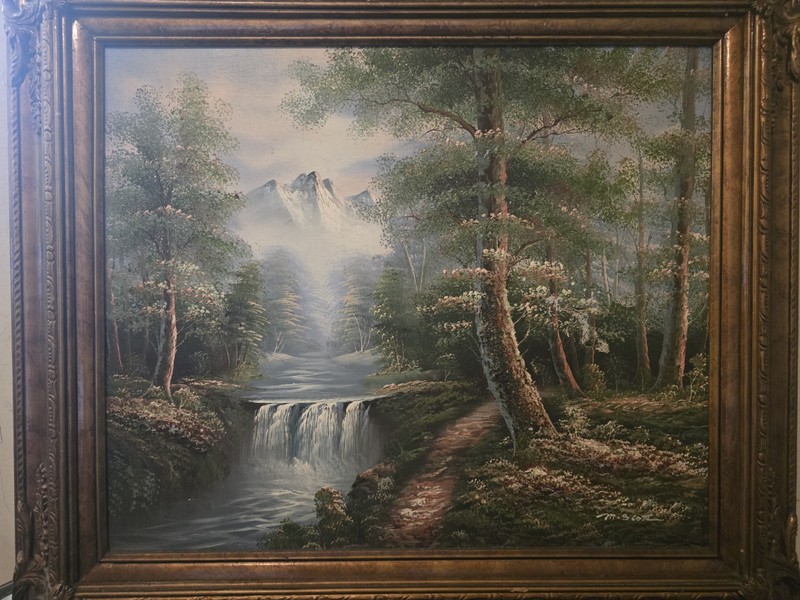 M SCOTT ORIGINAL OIL ON CANVAS SNOW MOUNTAIN RIVER FALLS LANDSCAPE TREE PAINTING