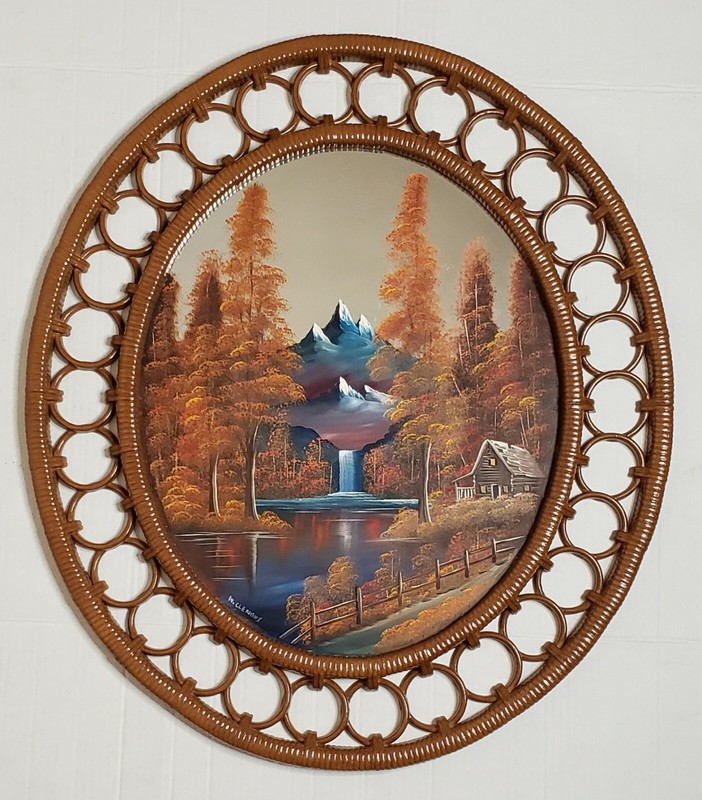 Faux Rattan Oval Frame Autumn Scene Forest Original Painted on Mirror W.Clemons