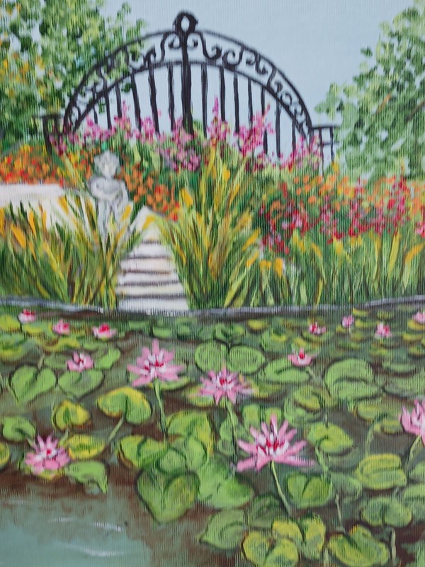 Vintage Oil Painting Waterlily pond statue and garden gate canvas signed framed gallery