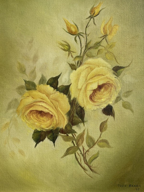 Elsie Baker VTG 70s Yellow Rose Flower Botanic Still Life Impressionism Painting gallery