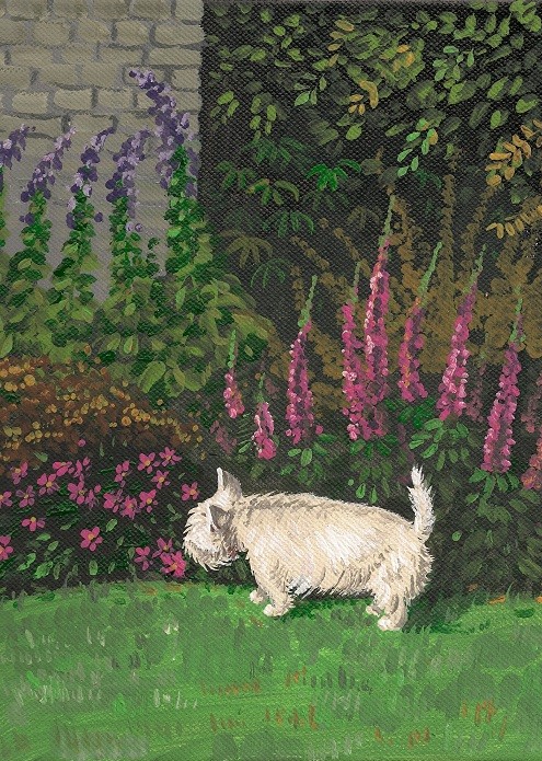 5×7 PRINT OF PAINITNG WEST HIGHLAND TERRIER RYTA WESTIE GARDEN landscape flower