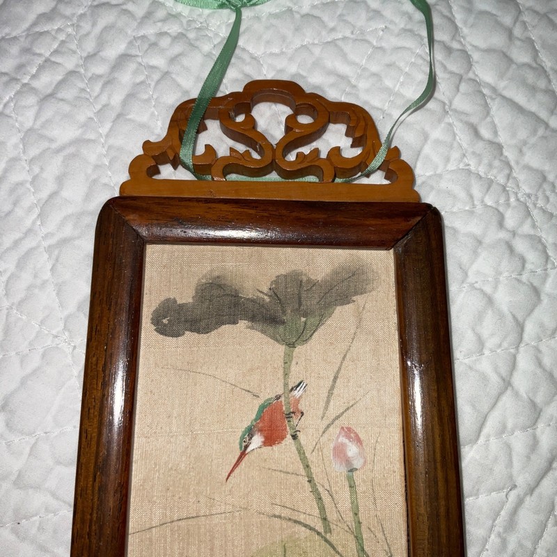 Small two sided Asian painting, original handpainted, flowers, floral birds gallery