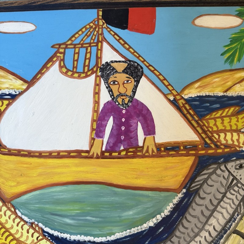 Painting On Board By Enick Brice Caribbean Folk Art Gift Bold Colors Fish Boats gallery
