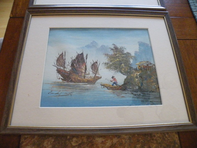 2 - Artist Signed Framed Oil Painting Chinese Junk Hong Kong Sunset Fishing gallery