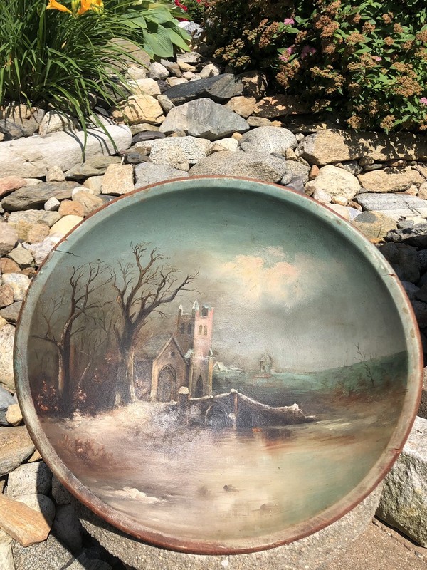 Antique 19th Century Church Cathedral Handmade Oil Painting on Turned Wood Bowl gallery