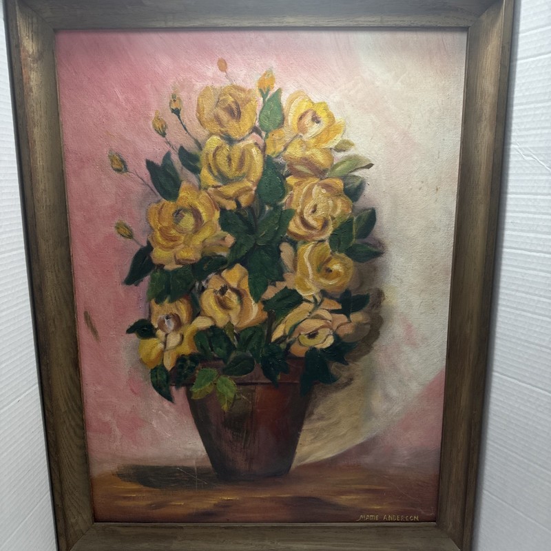 Vintage Floral Yellow Roses Oil Painting Signed Mattie Anderson 27″x 31″