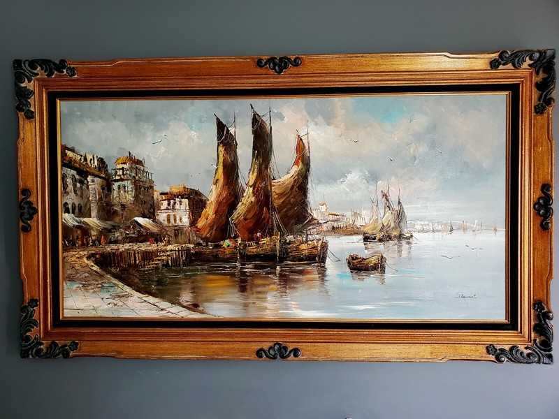 Vintage Original gigantic Nautical Naval by S. atewart Oil painting 24×48″in g