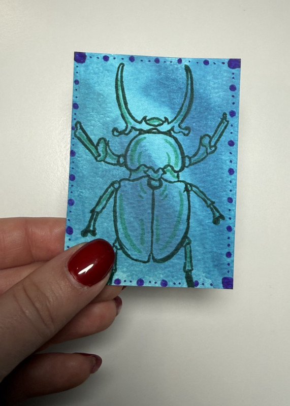 Blue Beetle ACEO Original Acrylic Mini Art Card Signed Stephanie Cooper