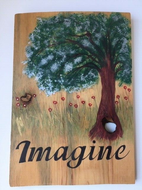 Original Tree Leaves Drawing Boho Painting Art Solid Wood Plank «Imagine» 11×16″