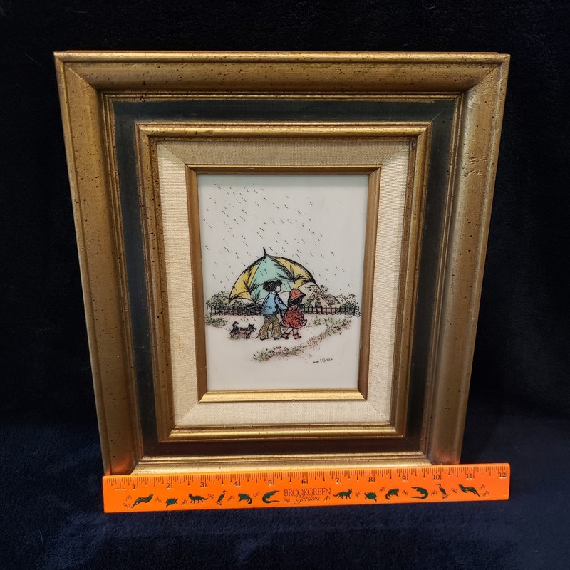 1970s Children W/Dog Umbrella Framed Vintage Painting On Glass 12x10 Retro Decor gallery