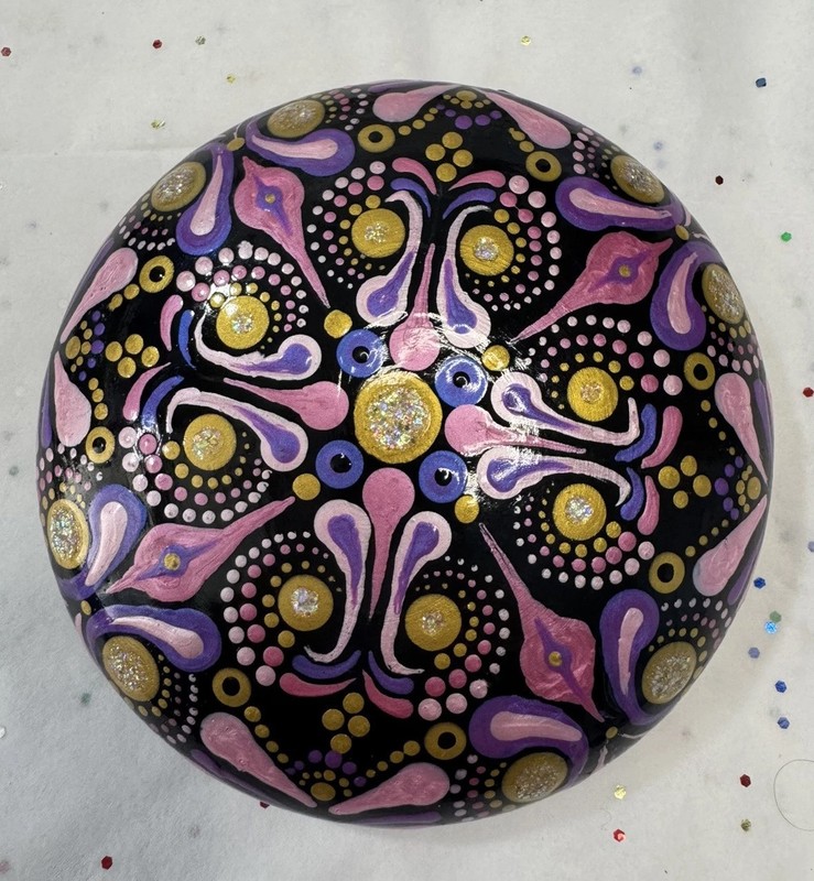 Artisan Hand Painted Man Made Rock | Mandala Gold Pink Purple Dotting Art 4.5″