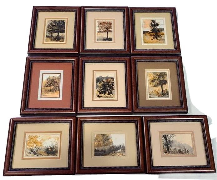 Marge Fassitt Original Ink Painting Framed SET of 9 7″.25 x 6.25 ” Triple Mat