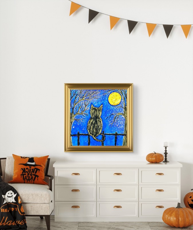 Original Textured Mixed Media Black Cat Full Moon Painting Gothic Wall Art gallery