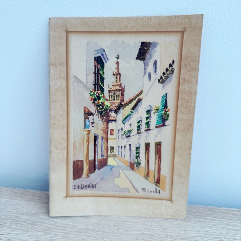 E.D Lemaire LeMarie? Seville Spain Watercolor Painting 6 3/8” X 8 7/8” Vtg