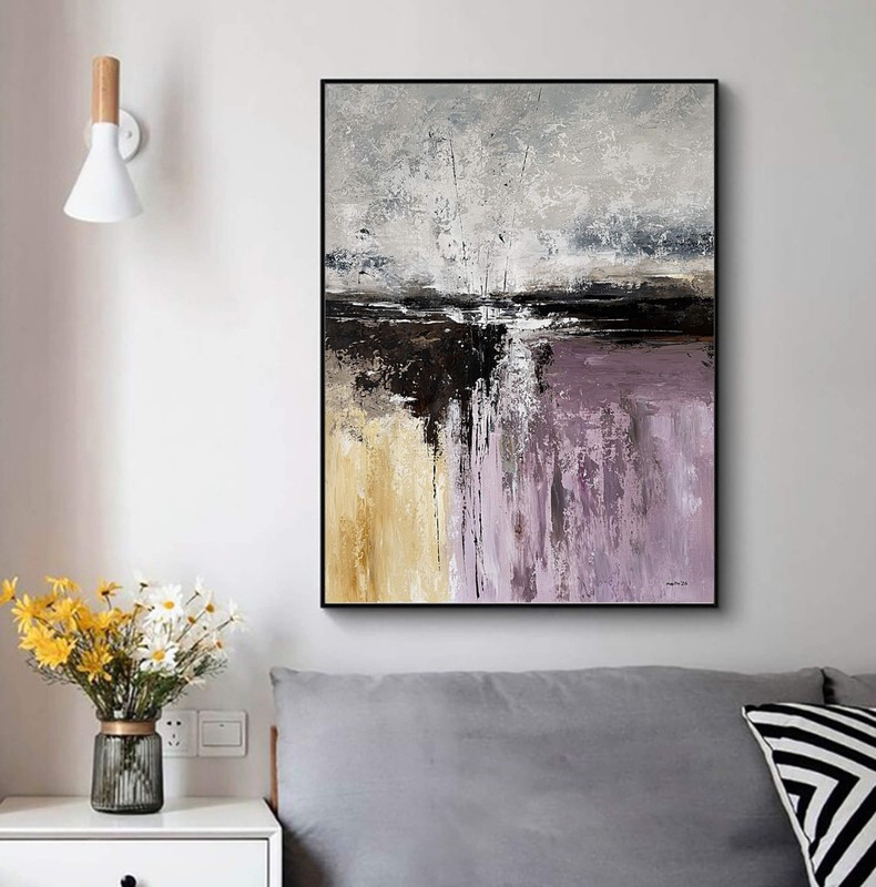 Beige Violet Abstract Painting Textured Modern Neutral Wall Art Canvas 28×36