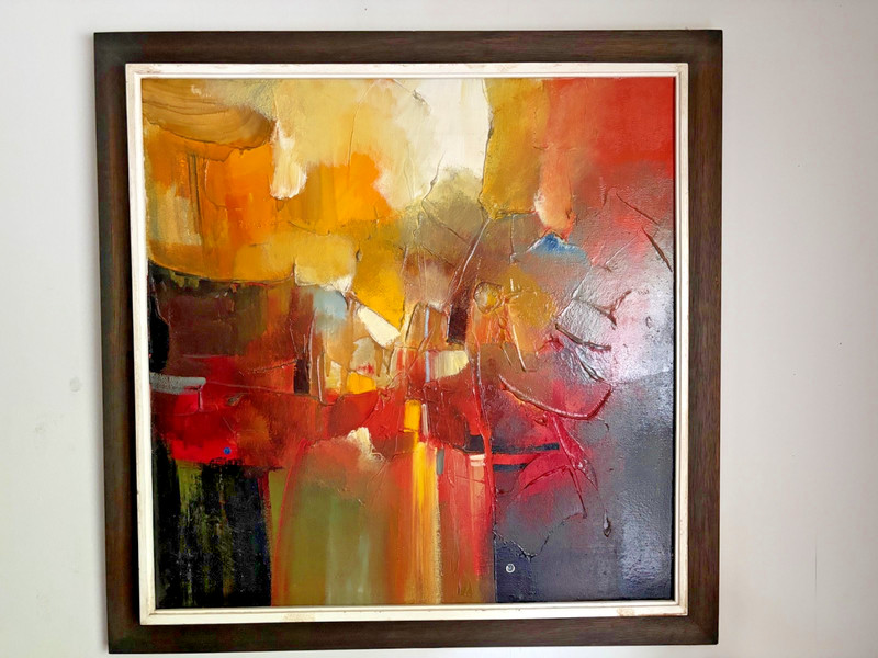 Large Abstract Oil Painting, Warm Contemporary (gold/red/black) Signed, Filipino