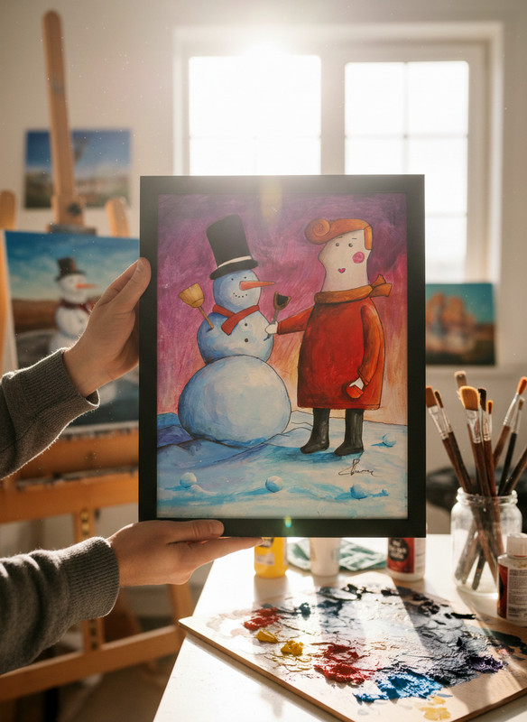 ORIGINAL ACRYLIC PAINTING WHIMSICAL NAIVE ART dreamy SNOWMAN WINTER HANDPAINTED gallery
