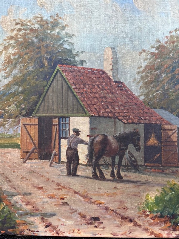 Impressionist Rural Scene Farm Horse Farrier Oil Painting Antique 102x68cm gallery