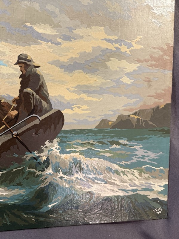 LARGE Vintage Nautical Paint by Number Painting Stormy Fishing Scene gallery