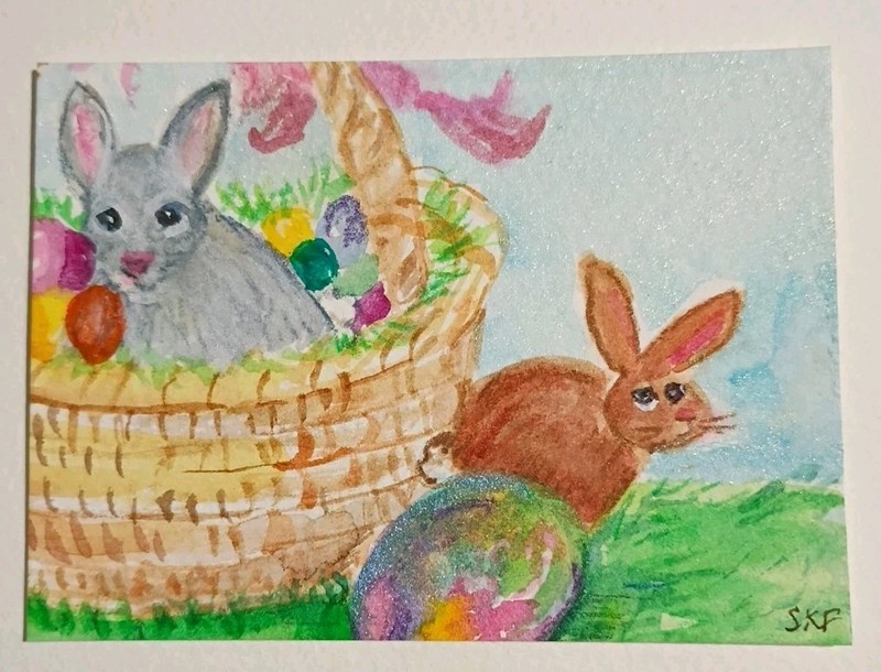ACEO Original Bunny Rabbits, Easter basket, eggs watercolor painting
