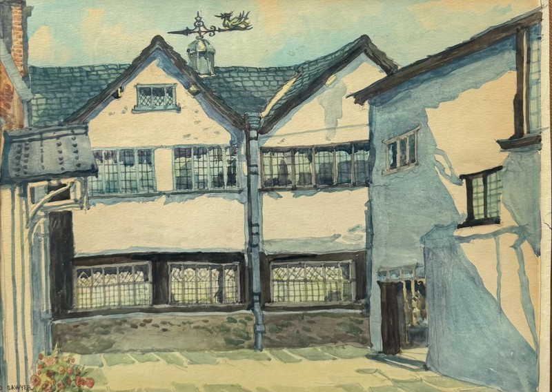 Fred Sawyer Watercolour c1960s Traditional Queen Anne House in Old Leicester