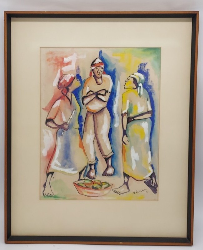 M ARNOUX VTG SIGNED ORIG WATERCOLOR OF HAITI, Framed, Under Glass, MID-Century