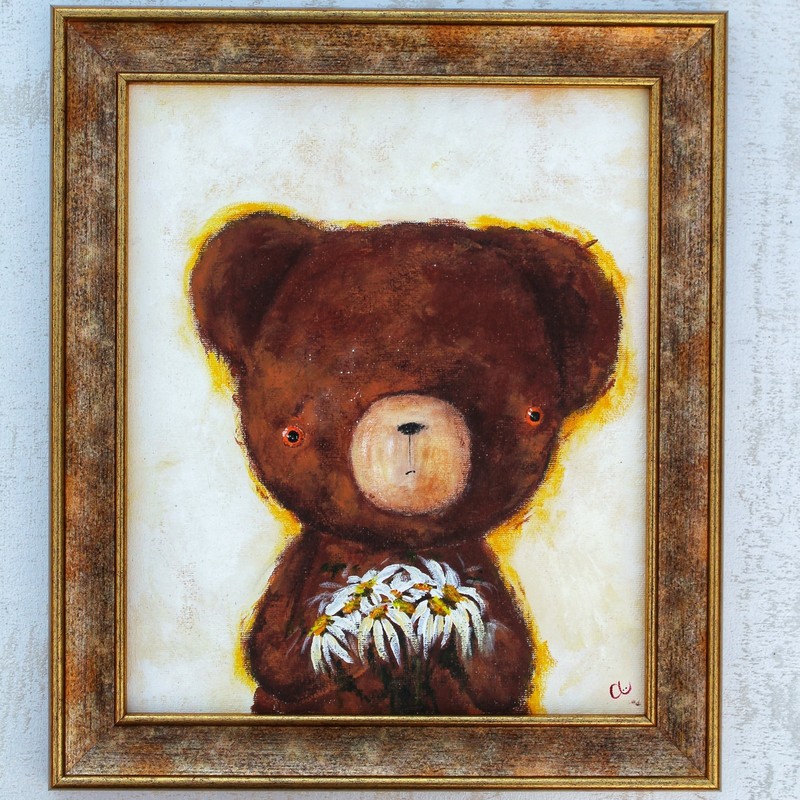 Teddy Bear Painting. Original Acrylic Bear Portrait. Handmade Wall Art Decor |