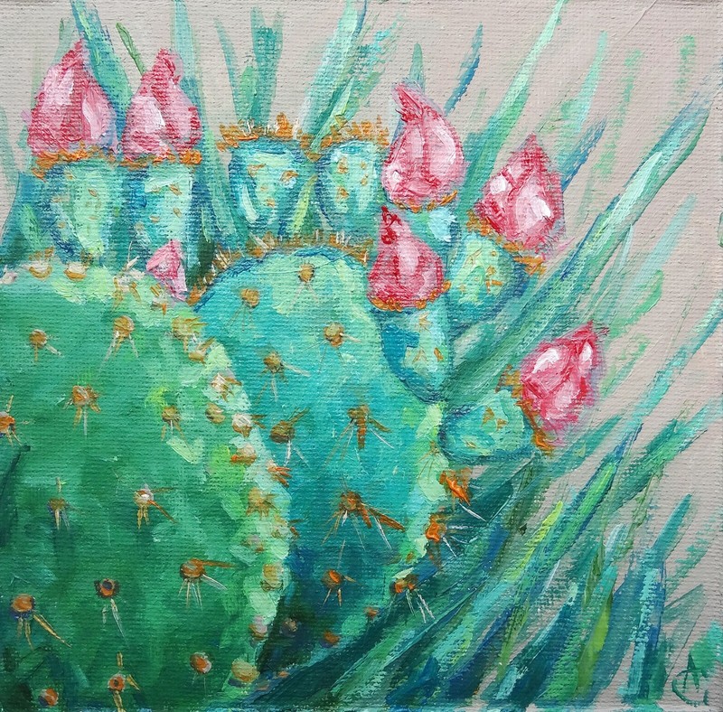 Blooming Cactus Painting Desert Original Art 6 by 6 Arizona Wall Art