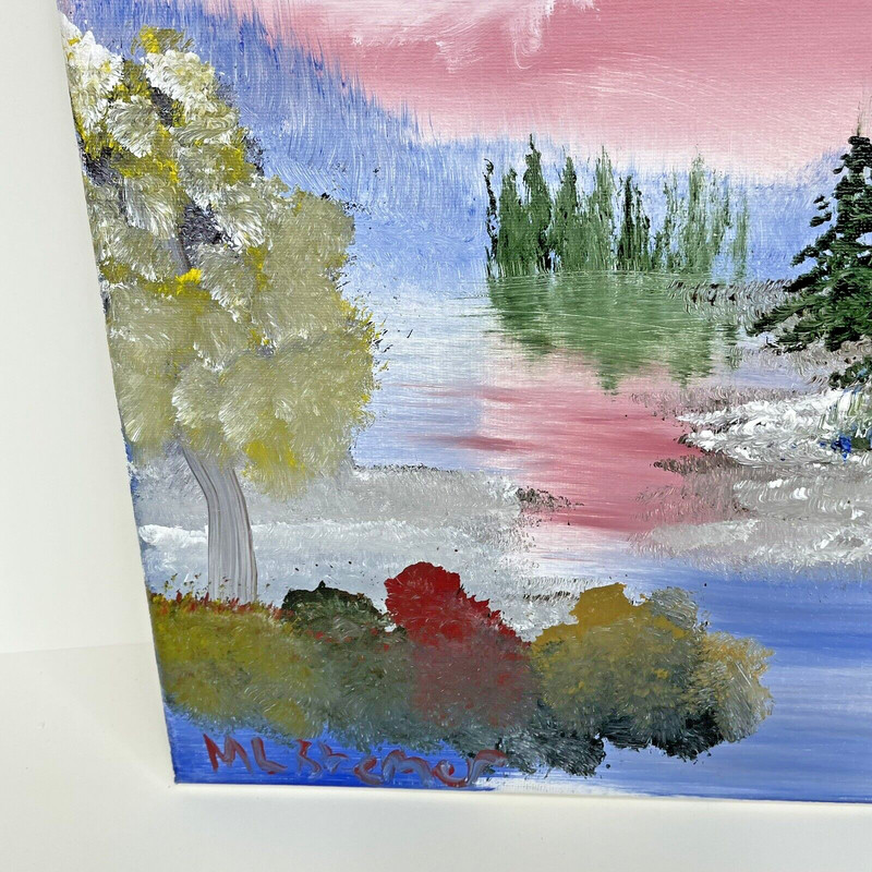 Oil on Canvas Painting Signed Student Art 11 x 14 Wooded Lake at Sunset Pines gallery