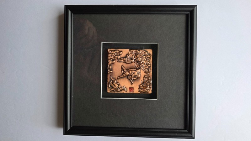 VTG Korean Copper Relief Plaque Ssireum Wrestling Kim Hong-do Framed Wall Art 7″