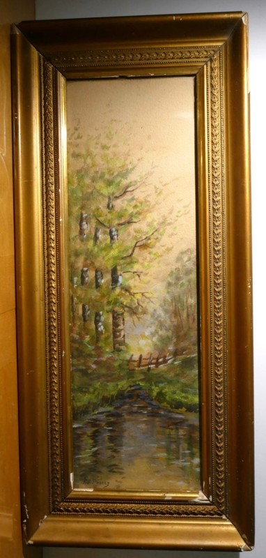 Antique F.F. Pearce Signed Woodland Oil Painting – Original 18×9″ Gilt Frame