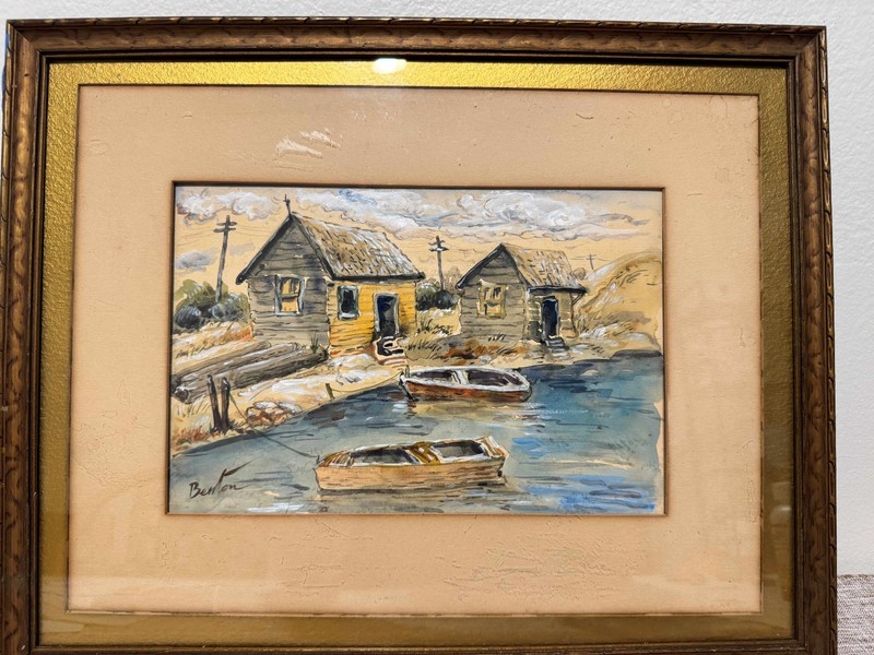 Signed Watercolor Thomas Hart Benton (1889-1975) Cottage and Boats